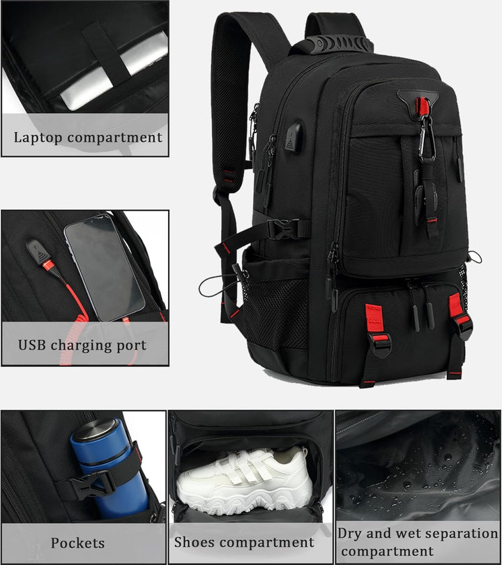 Ergonomische 60L reisrugzak met gewatteerde schouderbanden, waterdicht voor comfortabel dragen onderweg.