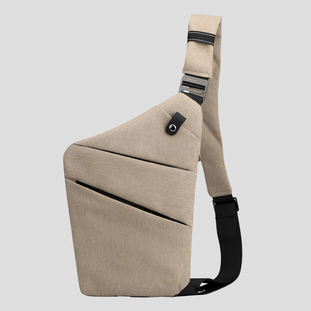 Detail van anti-diefstal rits op waterdichte unisex schoudertas, extra veiligheid voor uw spullen.
