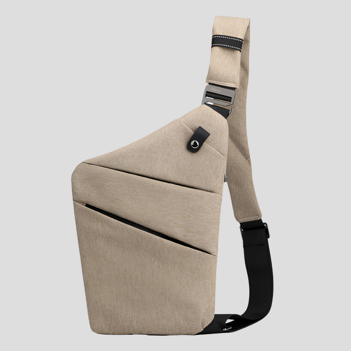 Detail van anti-diefstal rits op waterdichte unisex schoudertas, extra veiligheid voor uw spullen.