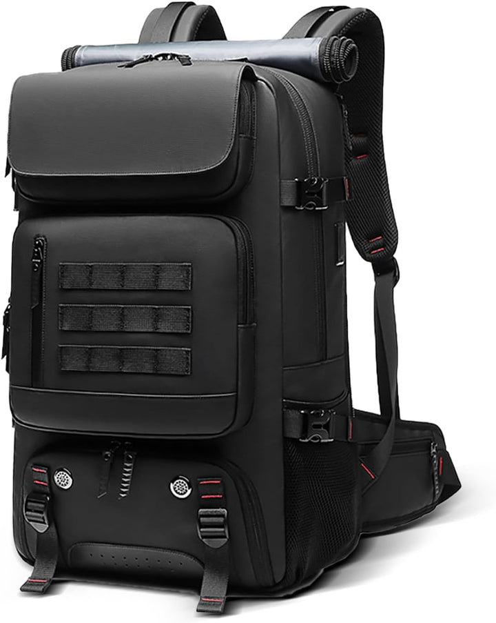 Unisex waterdichte reisrugzak 50L in zwart, met schoenenvak en USB-poort, ideaal voor reizen en outdoor.