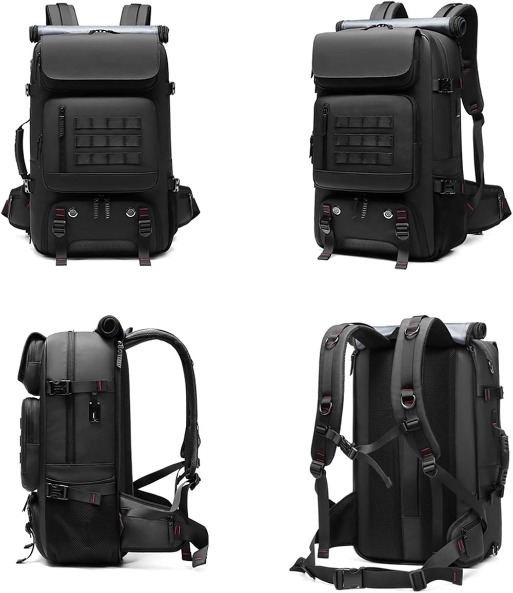 Grote 50L waterdichte rugzak met ingebouwd schoenenvak en USB-oplaadpoort, perfect voor avontuurlijke reizen.