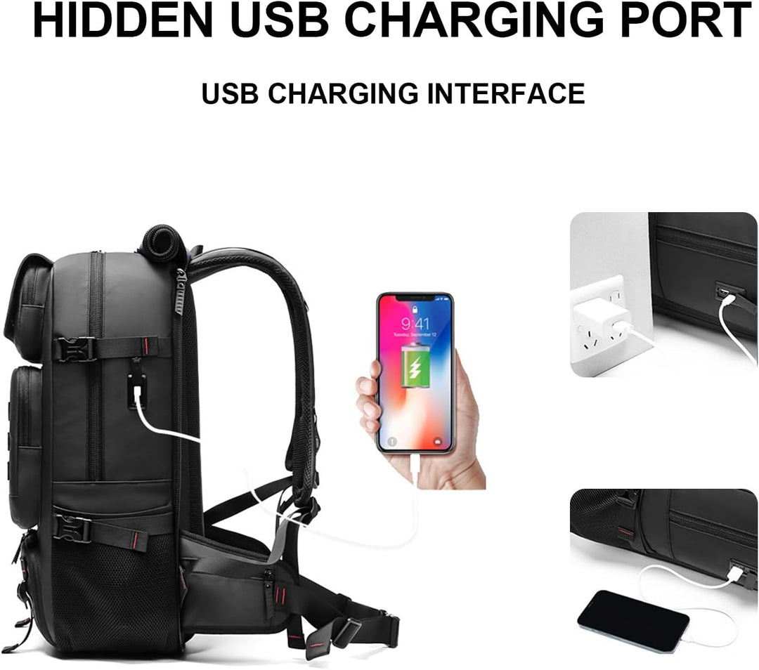 Praktische unisex 50L outdoor rugzak, waterdicht met USB-poort en apart schoenenvak, ideaal voor lange reizen.