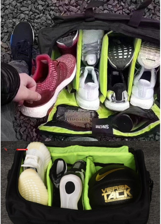 Zwarte waterdichte reistas, perfect als handbagage, met speciale vakken voor sneakers en accessoires.