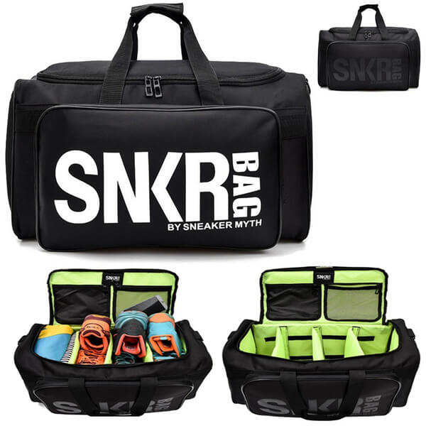 Multifunctionele reistas in zwart, ontworpen met aparte compartimenten voor sneakers en schone kleding.