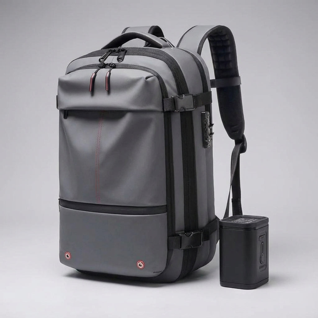 Zijkant van de gecomprimeerde rugzak, toont ruimtebesparing en compact ontwerp voor reizigers.