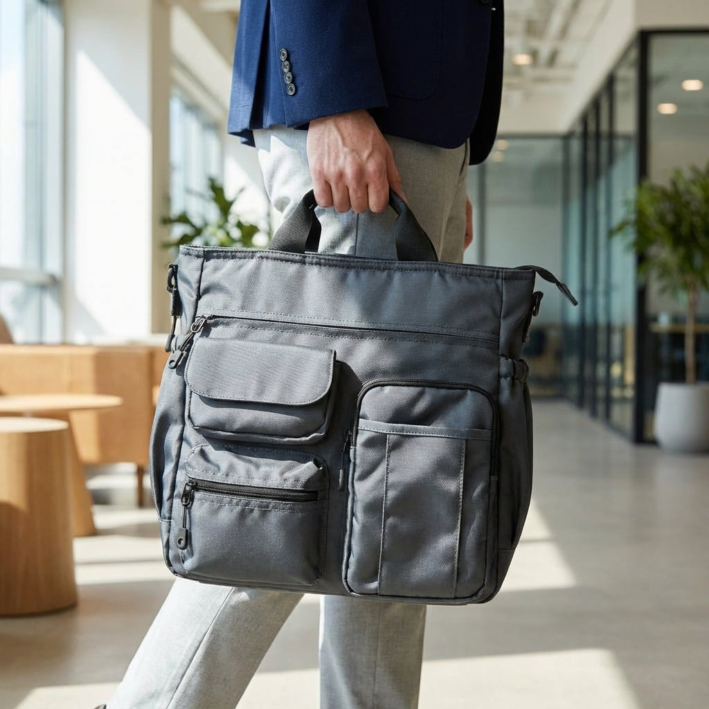 Unisex Worklinq zakelijke aktetas van duurzaam Oxford stof in grijs/zwart, met schouderband voor laptop.