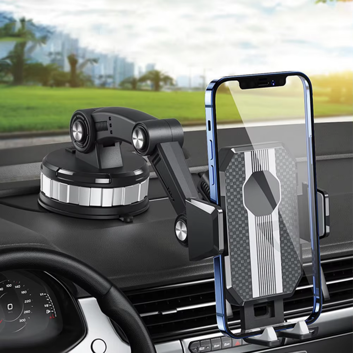 Universele handyhouder auto met sterke zuignap en 360° rotatie voor veilige smartphone navigatie.