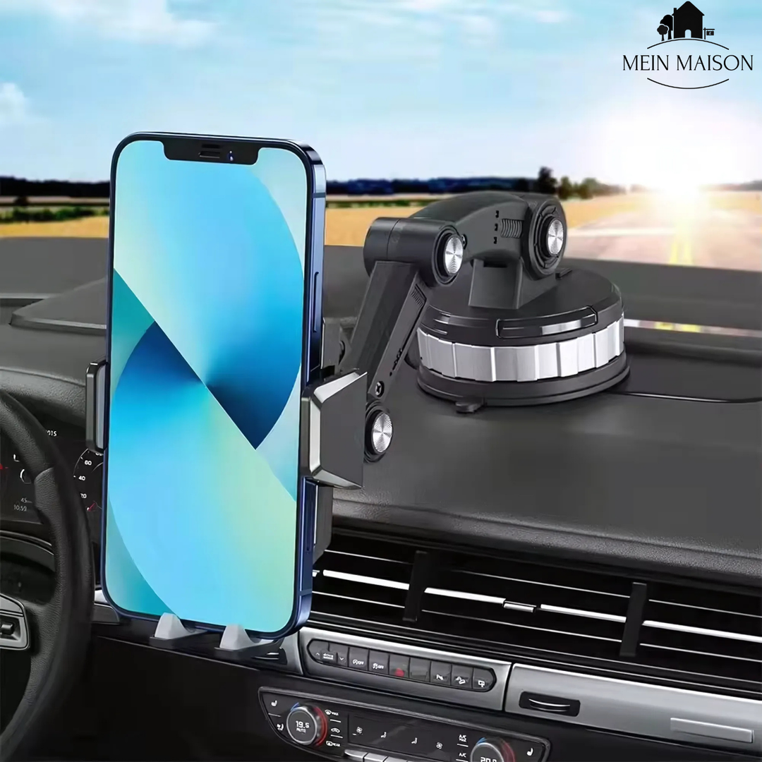 360° draaibare handyhouder auto voor smartphone navigatie, met sterke zuignapbevestiging op dashboard.