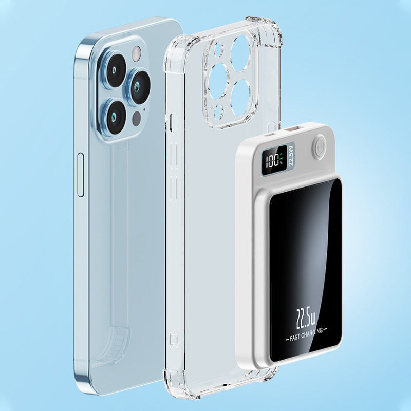Krachtige 10000mAh powerbank. Draadloos opladen en snellader voor diverse mobiele apparaten. Compact design.