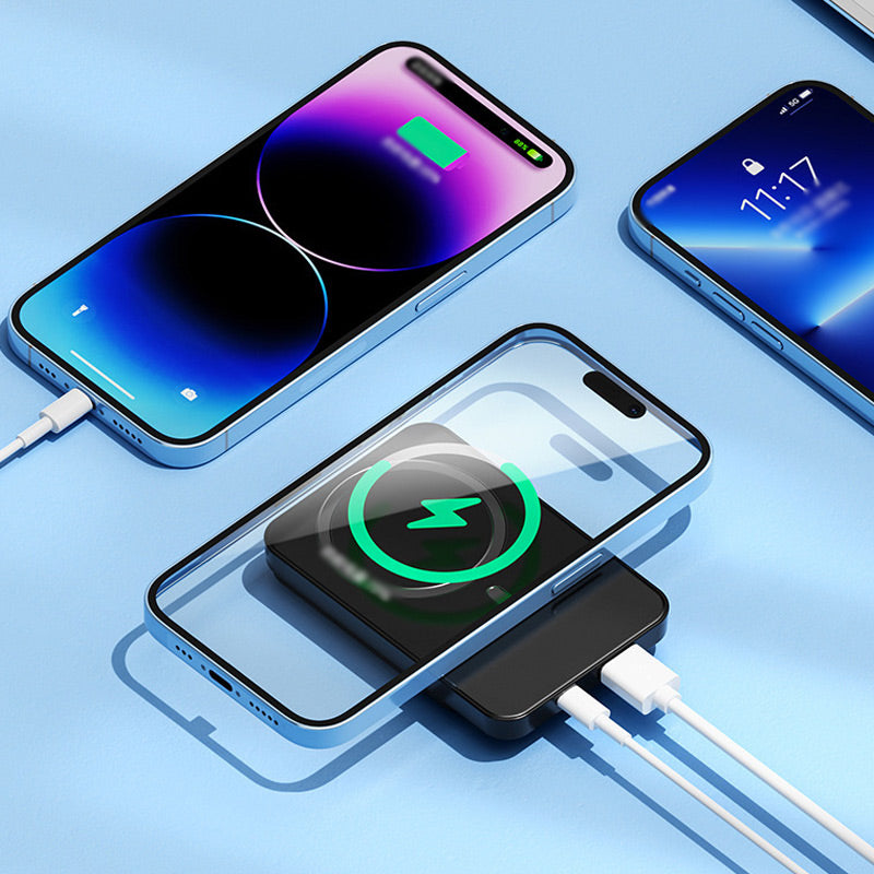 Draagbare 10000mAh powerbank, ideaal voor reizen. Met snellader en draadloos opladen voor je mobiel.
