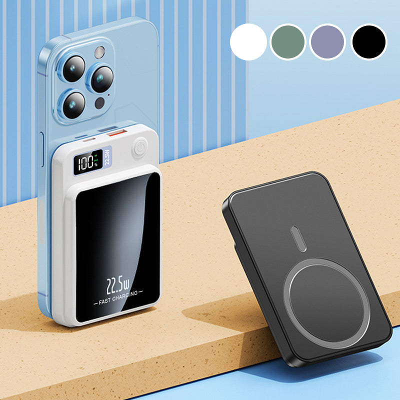 Zwarte 10000mAh powerbank, draadloze oplader en snellader. Universele mobiele telefoonaccessoire.