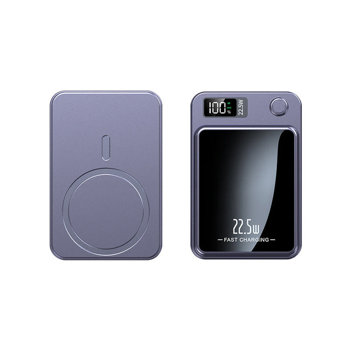 Dunne en compacte powerbank snellader met draadloze oplaadfunctie, past in elke tas.