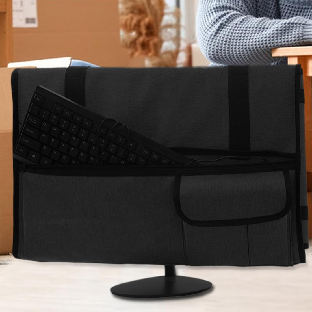 Compacte draagbare monitorhoes; lichtgewicht, stofdicht met flanellen interieur, ideaal voor reizen.