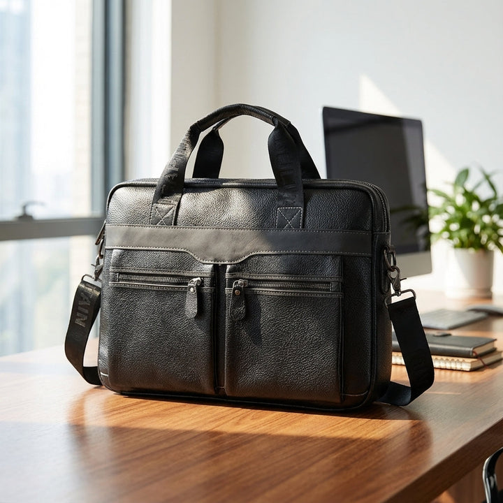 UrbanSling unisex leren laptoptas; stijlvolle en veilige werktas voor 15 inch laptops en documenten.