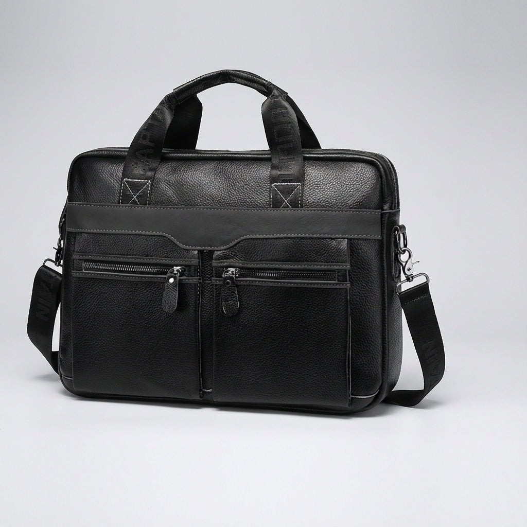 Close-up van de UrbanSling echt leren laptoptas textuur; duurzame business aktetas in vintage stijl.