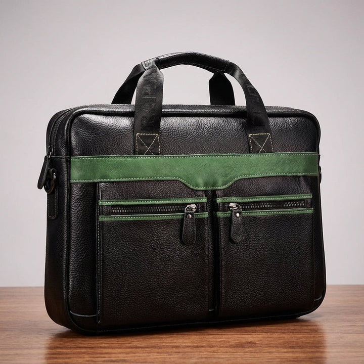 Georganiseerd interieur van de UrbanSling leren laptoptas met vakken voor laptop, documenten en accessoires.