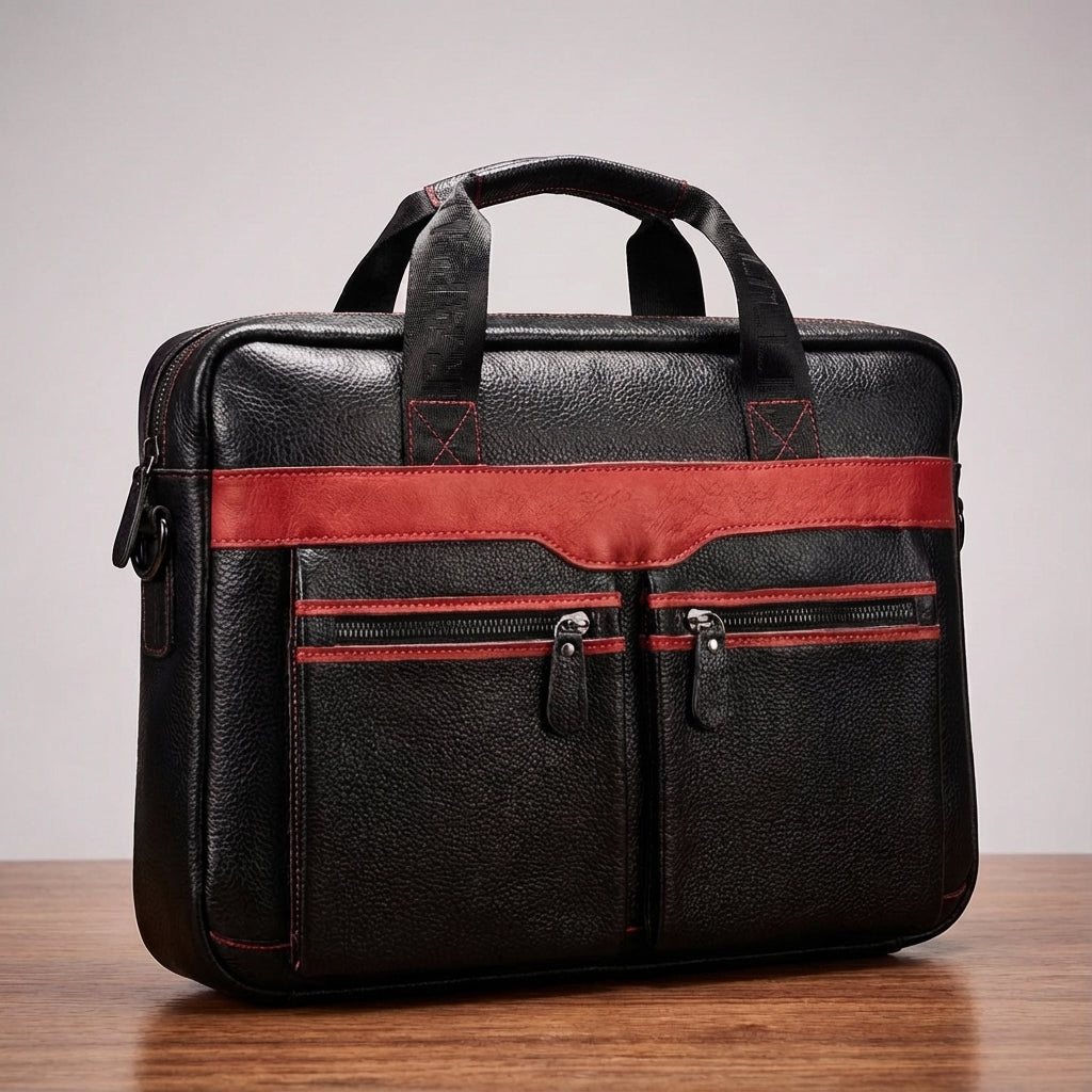 Zijaanzicht van de UrbanSling leren laptoptas; robuuste business aktetas met verstelbare schouderriem.