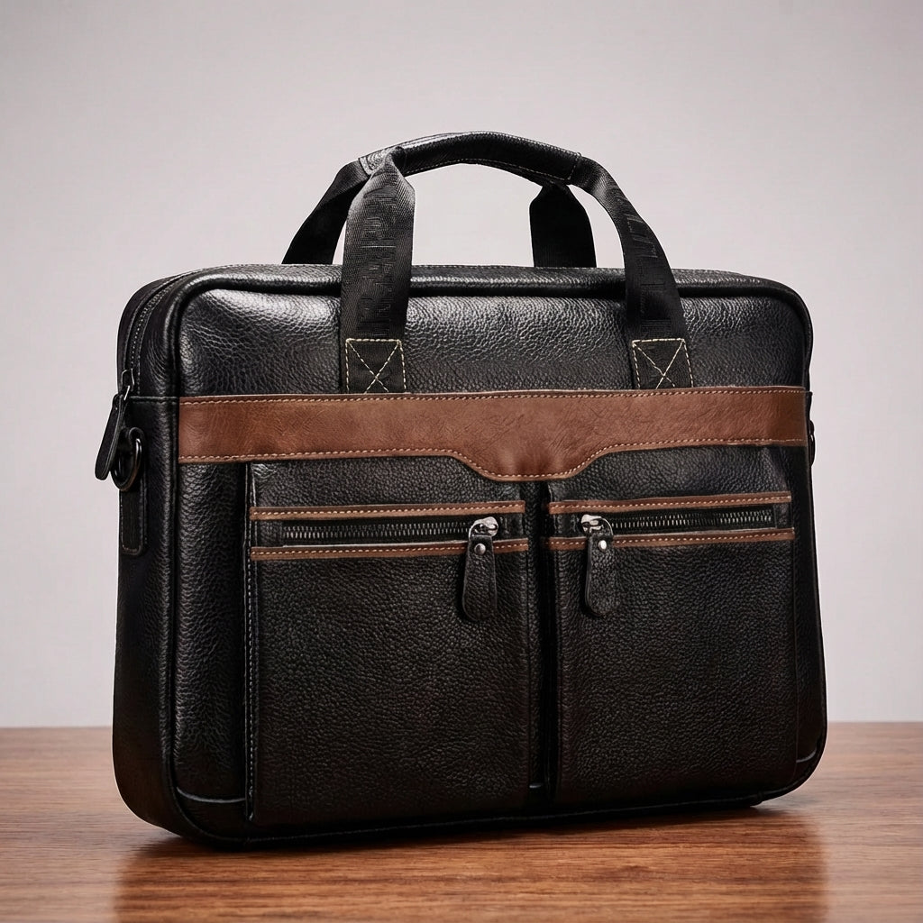 Open UrbanSling leren laptoptas toont ruime opbergruimte; veilige documententas voor al je benodigdheden.