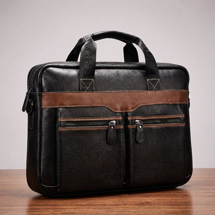 Open UrbanSling leren laptoptas toont ruime opbergruimte; veilige documententas voor al je benodigdheden.