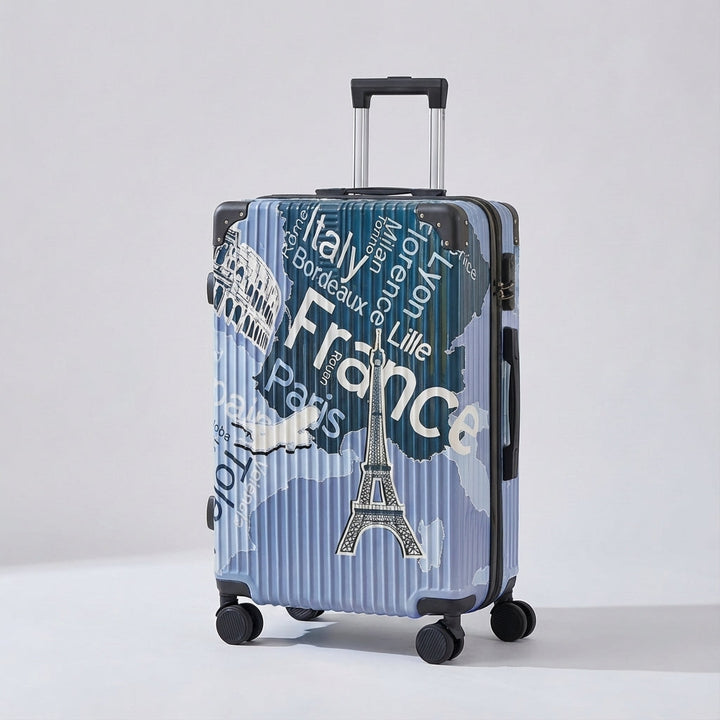 Moderne reiskoffer met opvallende print, harde buitenkant en zwenkwielen. Veilig reizen met een TSA slot.