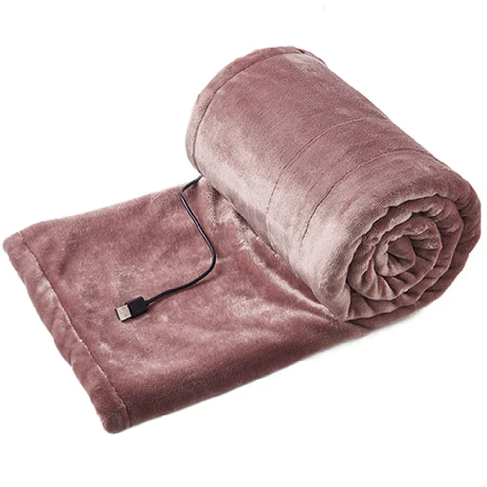 "USB elektrische deken, ultra-zacht, pastelkleuren roze, geel, grijs. Ideaal thuis/kantoor, 3 warmte-instellingen."