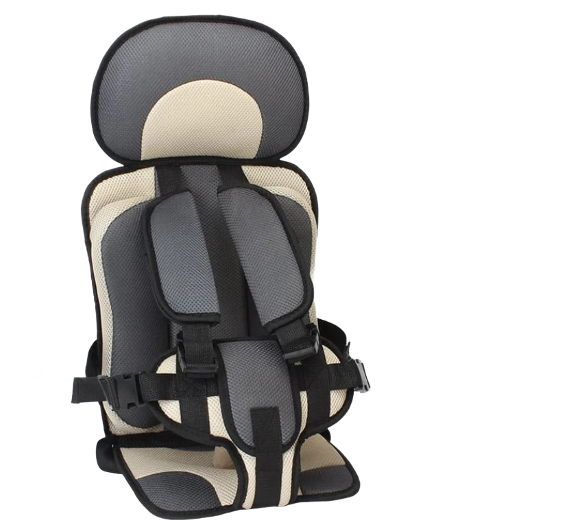 "Veilig verstelbaar autostoeltje, stijlvol beige met gordelsysteem, voor comfort en bescherming van baby tot peuter."