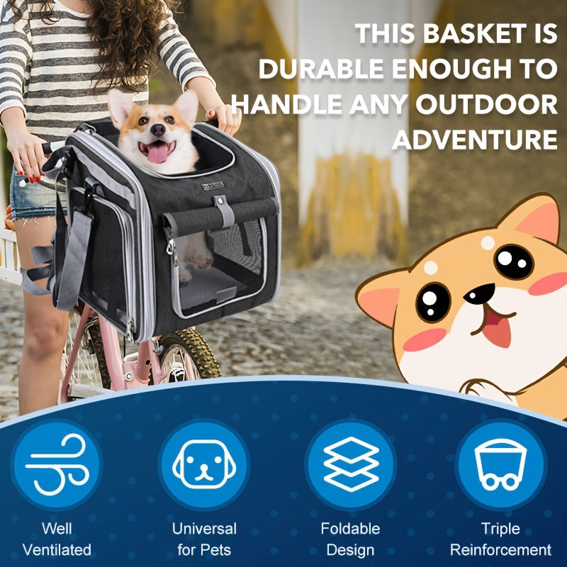 Veilige uitbreidbare fietsmand voor huisdieren met mesh-vensters, geschikt voor honden en katten tot 8 kg.