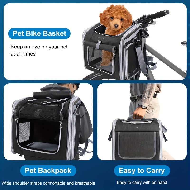 Veilige uitbreidbare fietsmand voor huisdieren met mesh-vensters, geschikt voor honden en katten tot 8 kg.