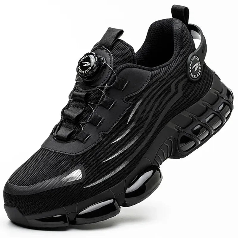 "Veiligheidssneakers met S3-classificatie, ademend donkergrijs mesh, zwarte rubberzool, ideaal voor dames op de werkvloer."