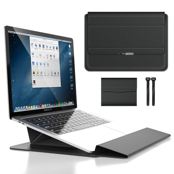 Handige Veltro laptop accessoire: waterdichte sleeve met standaard, polssteun en schokbestendige laptop bescherming.