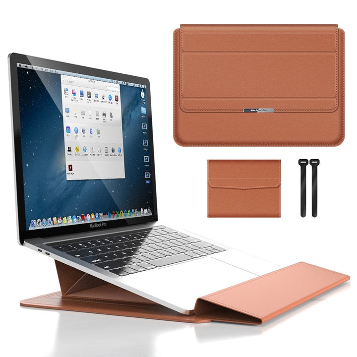 Veltro laptophoes met standaard in gebruik, biedt ergonomische typepositie en bescherming tegen spatwater.