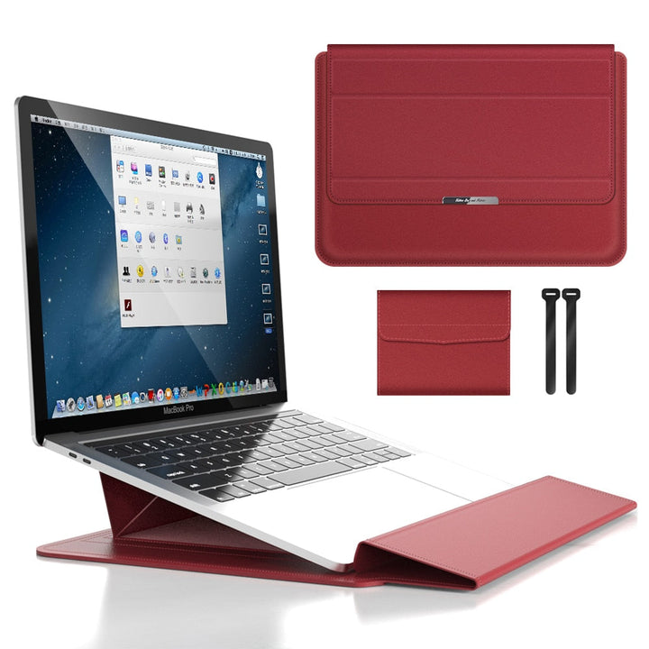 Complete laptop bescherming met Veltro sleeve: waterdicht, schokbestendig, geïntegreerde standaard en polssteun.