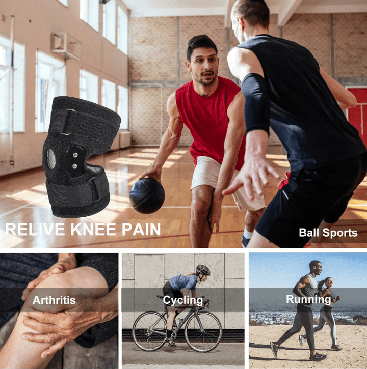 "Verstelbare kniebrace met scharnieren; ademend sportontwerp voor optimale knieondersteuning en comfort."
