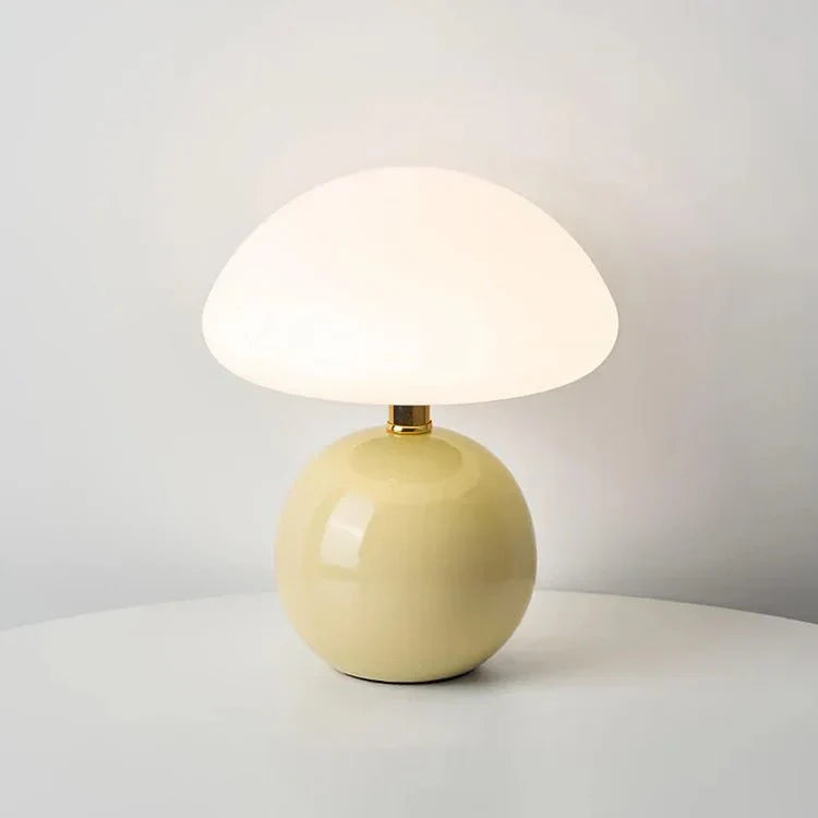 "Verstelbare LED paddenstoel lamp in modern design, keramiek en PVC, voor elegante sfeer in huis of kantoor."