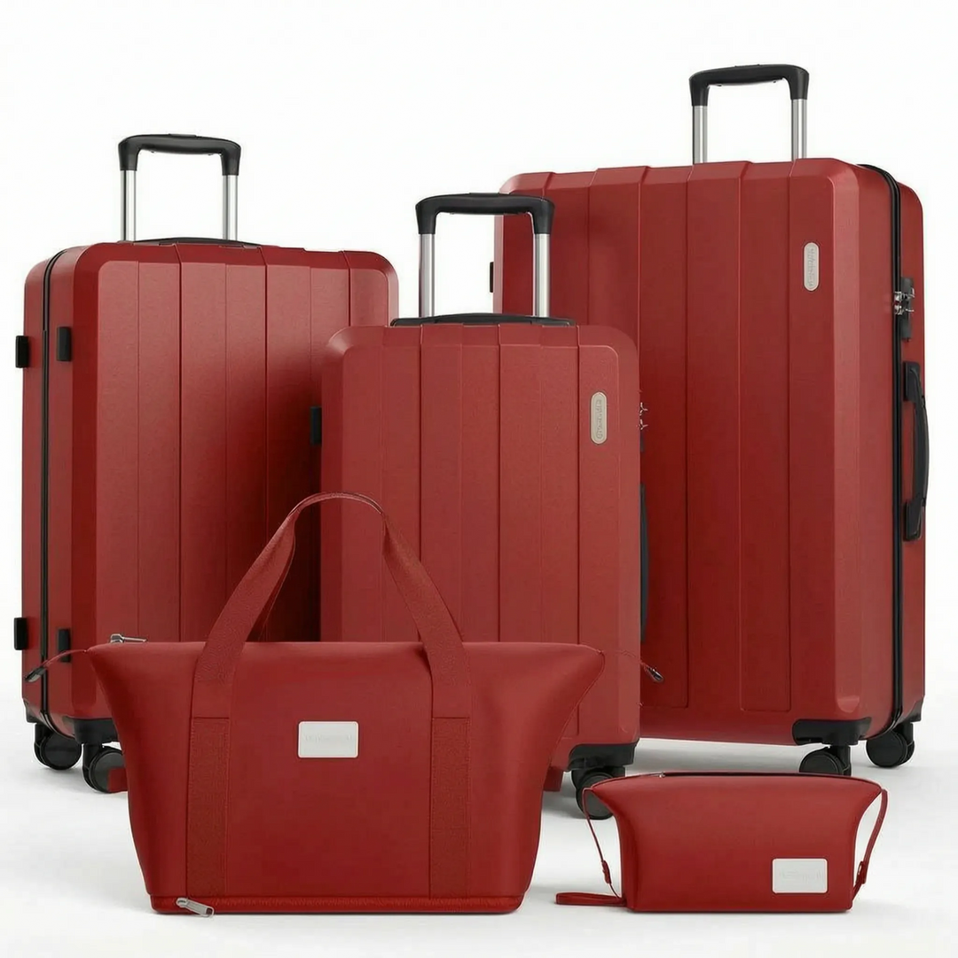 Uitgebreide 5-delige kofferset, inclusief hardcase reiskoffers met zwenkwielen. Essentieel voor stijlvol reizen.