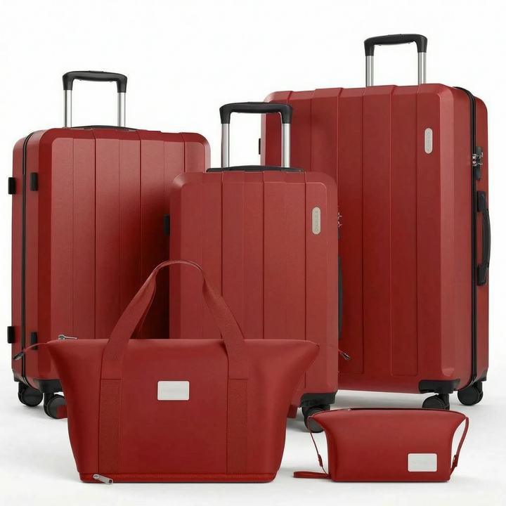 Uitgebreide 5-delige kofferset, inclusief hardcase reiskoffers met zwenkwielen. Essentieel voor stijlvol reizen.