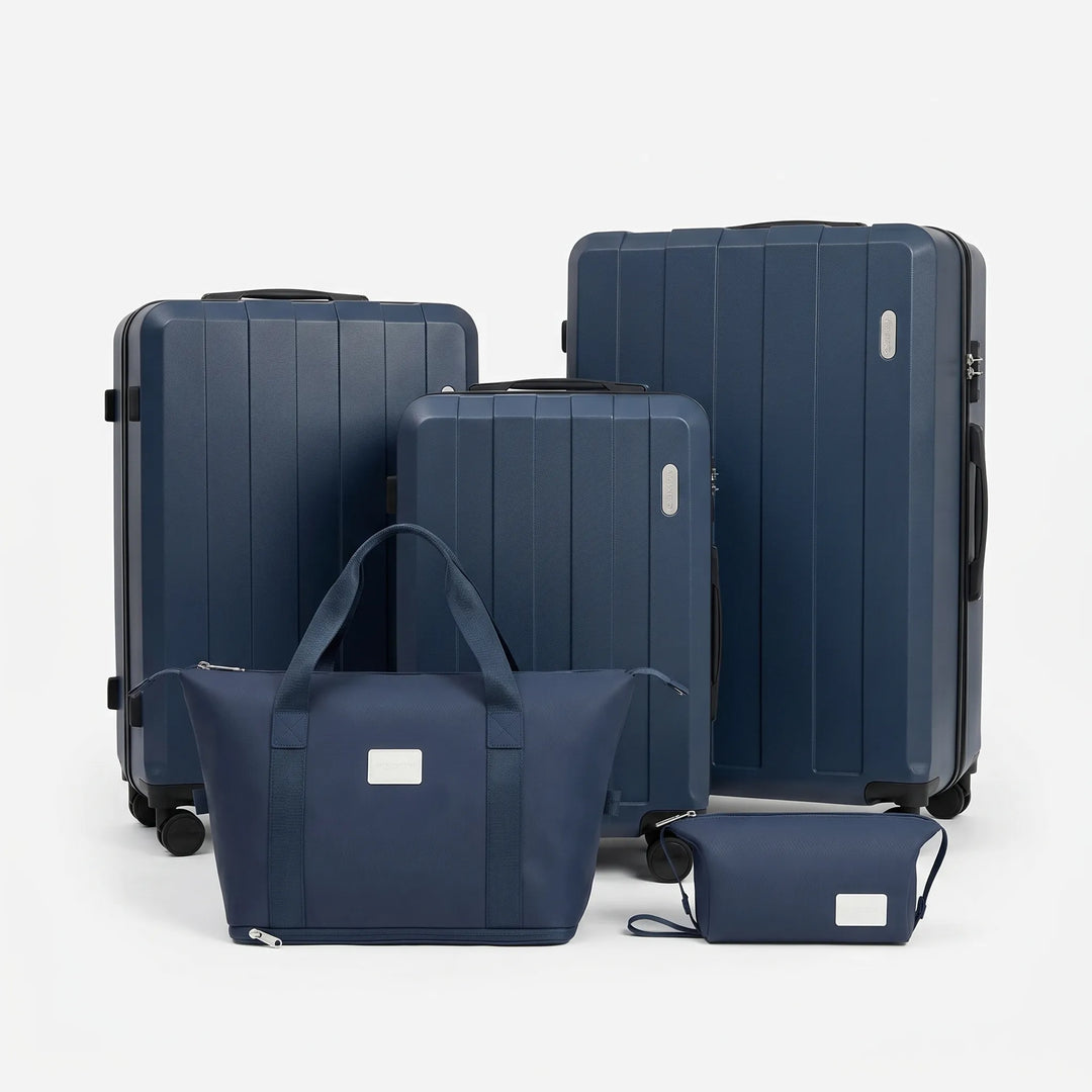 Robuuste hardcase bagageset met 5 reiskoffers en zwenkwielen. Ideaal voor vakantie en reizen.