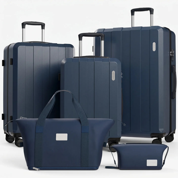 Stijlvolle meerkleurige reisbagageset. Vijf hardcase koffers met soepele zwenkwielen voor elke vakantie.
