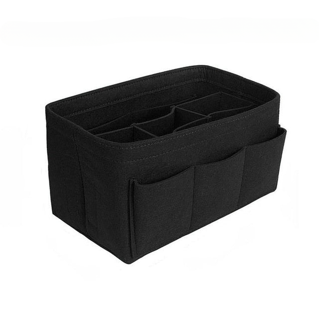 Praktische vilt handtas organiser inzet, ideaal voor het netjes opbergen van make-up en accessoires.