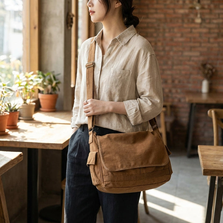 Vintage canvas schoudertas UrbanSatchel, unisex, met verstelbare riem, ideaal voor dagelijks gebruik en reizen.