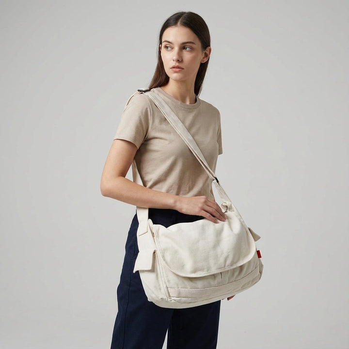 Authentieke vintage canvas messenger bag, unisex, ruim genoeg voor werk en school, duurzaam en tijdloos accessoire.