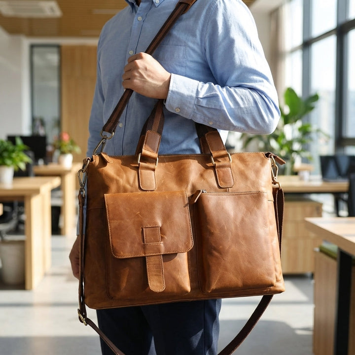 VintagePACK heren vintage zakelijke laptoptas van bruin leer, ideaal voor werk en laptop.