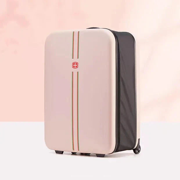 Opgevouwen Porto hardcase reiskoffer, neemt minimale ruimte in; slimme oplossing voor thuis opbergen.