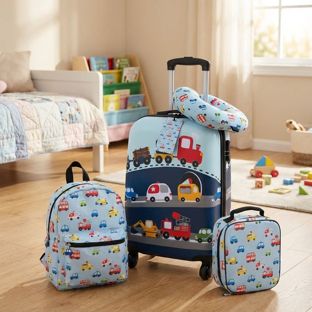 Vrolijke kinder reisset met koffer, rugzak, lunchtas, nekkussen en bagagelabel voor zorgeloze vakanties.