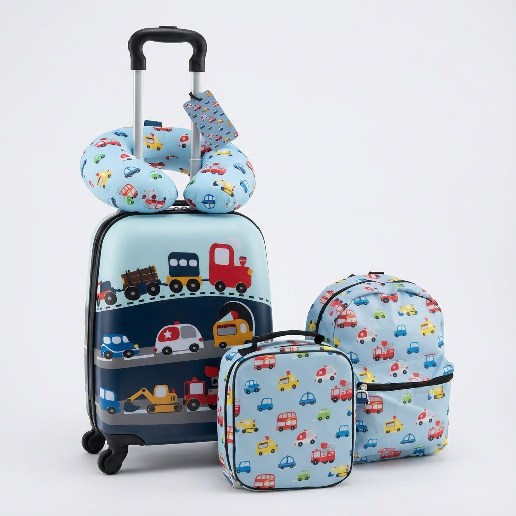 Georganiseerde kinder reisset met kleurrijke koffer, rugzak en bijpassende accessoires; perfect voor elk kind.