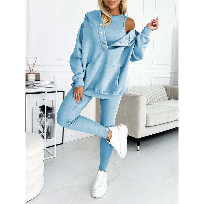 Vrouwen 3-delige knusse blauwe hoodie set voor comfortabele loungewear, casual dames kleding en athleisure.