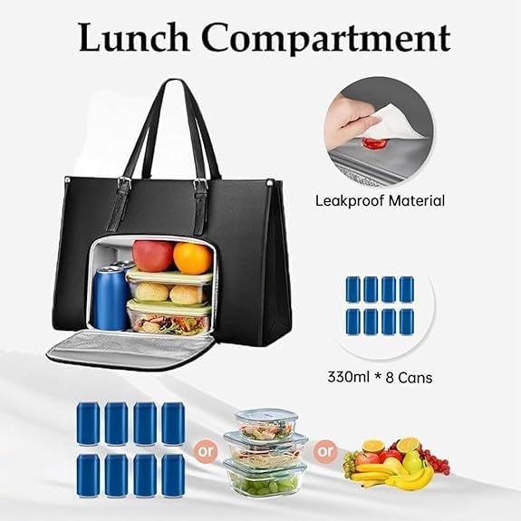 Multifunctionele lunchtas voor vrouwen met geïsoleerd gedeelte en laptopvak, perfect voor kantoor, studie of reizen.