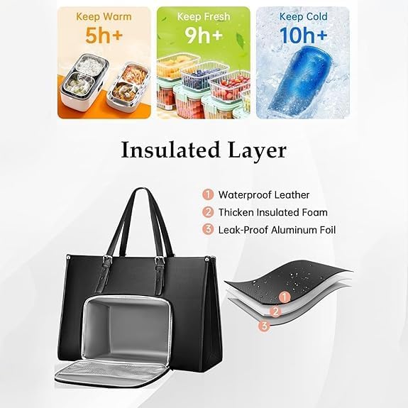 Elegante vrouwen lunchtas met ingebouwd laptopvak, geïsoleerd en waterbestendig, perfect voor dagelijks gebruik.