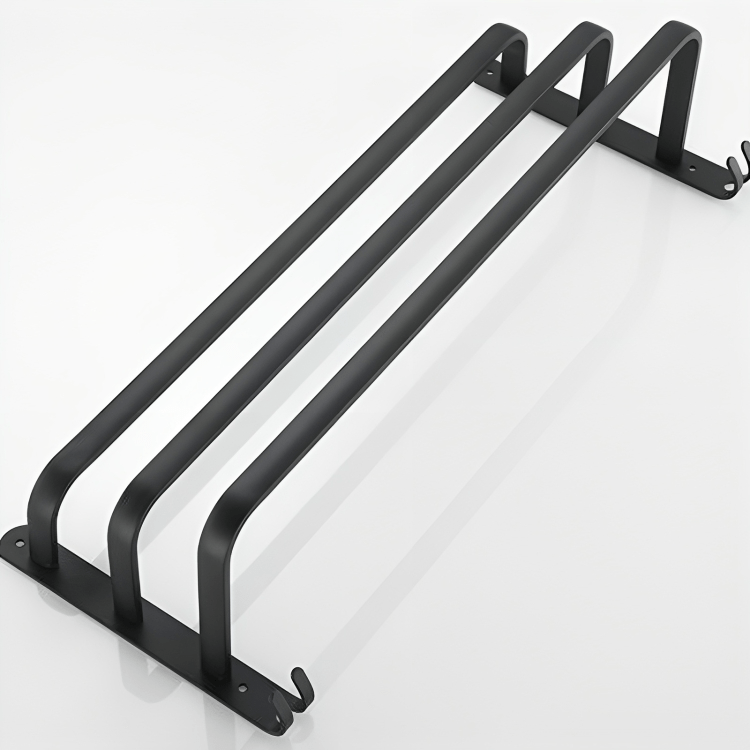 Compacte aluminium handdoekhouder en opbergplank voor de moderne badkamer.