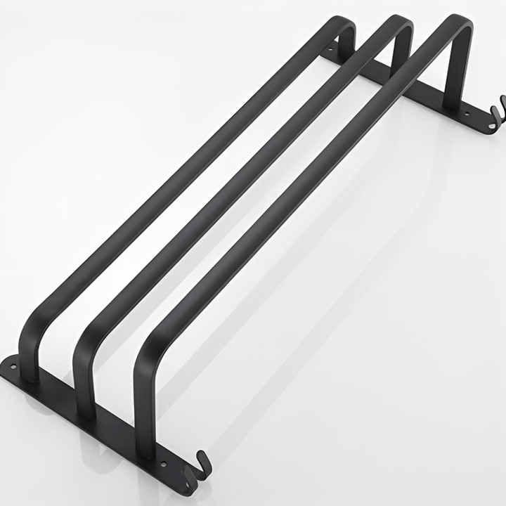 Compacte aluminium handdoekhouder en opbergplank voor de moderne badkamer.